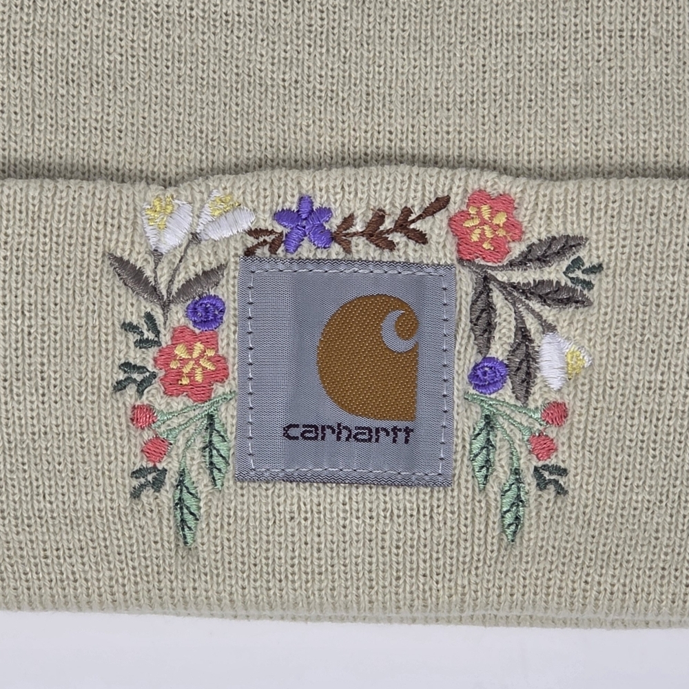 Beige Beanie with Embroidered Beautiful Flowers Unique Women's Hat - Picture 3 of 3